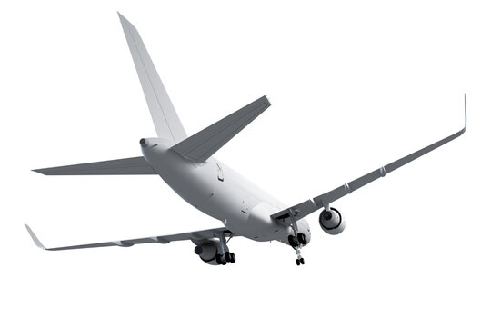 assenger airplane flying  isolated on white background, back view