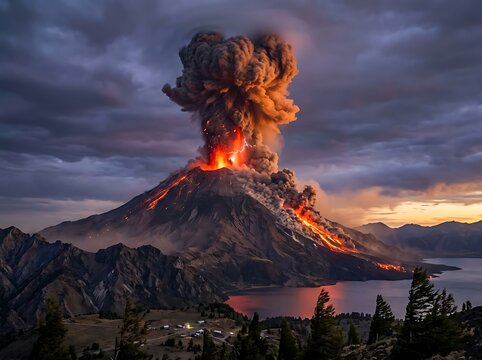 Dramatic Volcanic Eruption Releasing Massive Ash Clouds Over a Scenic Mountain Lake at Twilight