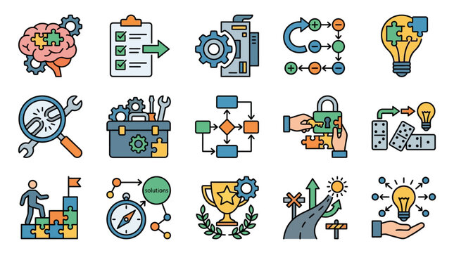 Clean Colorful Illustrated Icons Set Featuring Brain Checklists Gear Flowcharts Lightbulbs Tools Puzzles and Growth Concepts