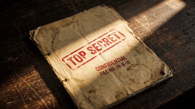 Top Secret Folder: A worn and aged document folder stamped with TOP SECRET and CONFIDENTIAL sits on a rustic wooden surface, illuminated by a dramatic ray of light.