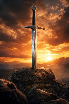 Knight's longsword thrust into craggy rock, dramatic sunset backlight, heroic.