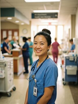 A smiling Asian woman, a nurse, stands in a hospital hallway. She wears a blue scrubs uniform and a stethoscope around her neck.