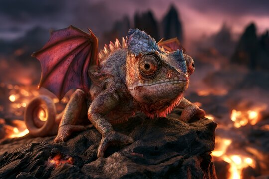 Dragon Disguised Chameleon Crawling Through Fiery Fantasy Landscape