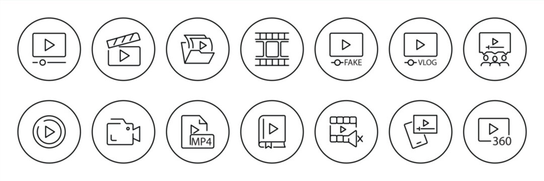 Video-themed line icon set. Includes icons such as video lessons, aspect ratios, viral content, and more. Features adjustable strokes; vector illustration.