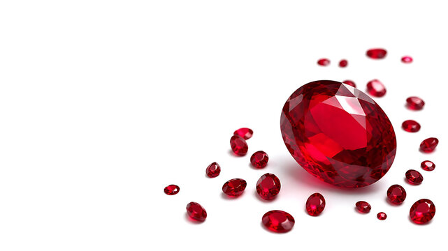 Scattered ruby gemstones with one dominant centerpiece creating dynamic visual flow on a pure white background, modern luxury advertising template, expansive negative space