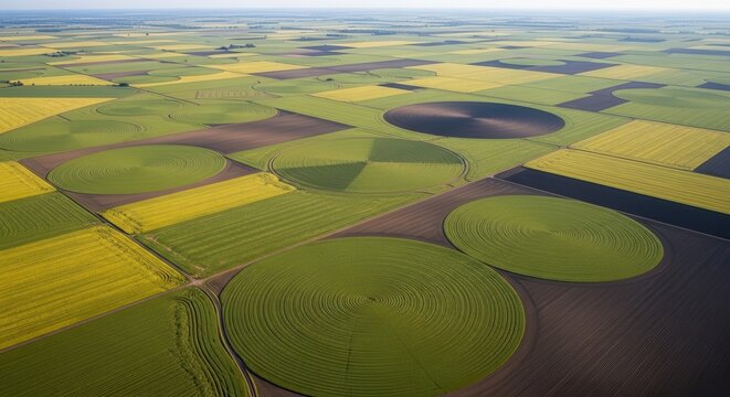 Aerial view of lush farmland with vibrant crop fields. Wide landscape showing agricultural diversity and natural beauty.
