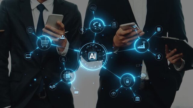 Business professionals showcase the integration of AI technology in a smart office, using mobile devices to enhance communication and collaboration in today digital landscape. Raster