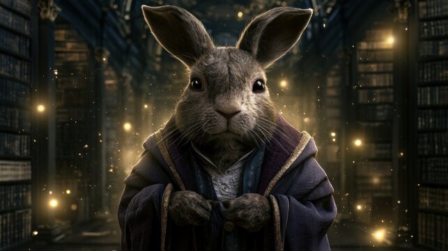 Halloween Wizard Rabbit Casting Magic Inside Enchanted Library