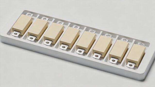 Array of surface mount MLCC capacitors on anti-static tray for electronics manufacturing

