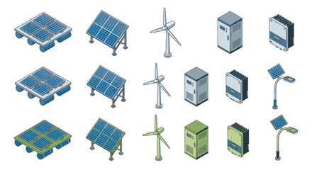 Collection of colorful renewable energy and technology icons in flat design style. © adobe