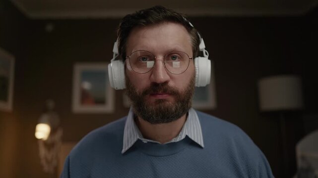 Man putting on headphones looking at camera and modestly smiling while waving in greeting. Close-up