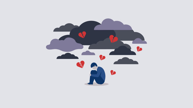 This flat design illustration visually represents the severe mental health impact of bullying, showing a vulnerable figure surrounded by symbols of distress.