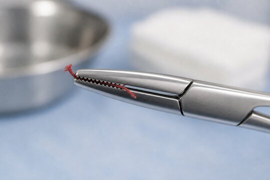 Hemostat clamping red thread on soft background.