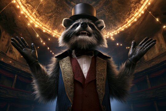 Halloween Magician Raccoon Performing Under Grand Theater Lights