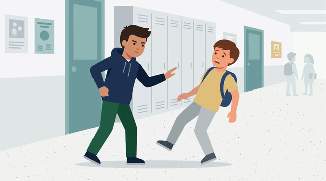A flat design illustration subtly portrays physical bullying, showing an aggressor causing another child to recoil in a minimalist school corridor.