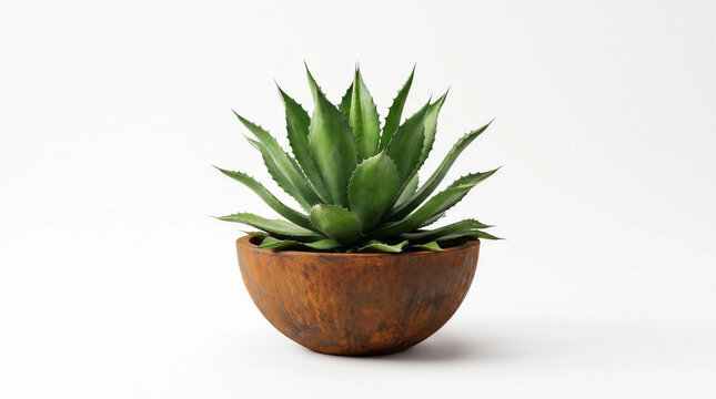 Agave Succulent Plant in Rusty Bowl Planter Isolated on White Background