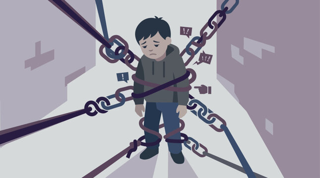 A flat design illustration portrays a child symbolically trapped by abstract ropes or chains, representing the persistent and burdensome effects of bullying.