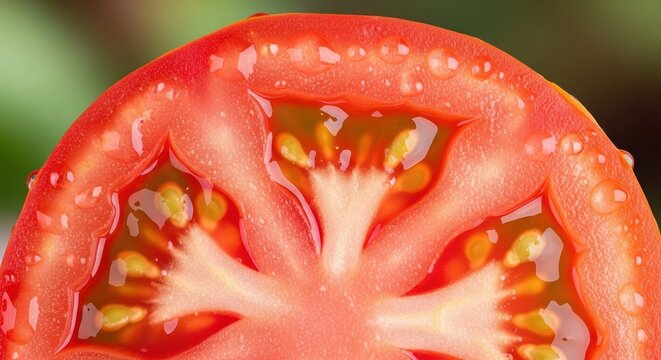 Close-up of fresh tomato slice with seeds. Juicy vegetable for healthy eating and cooking.