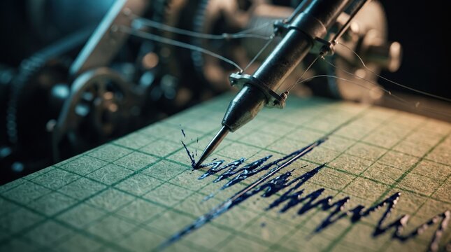Seismograph Recording Earthquake Activity: A detailed close-up of a seismograph pen drawing a complex waveform on a grid paper, capturing the energy released by an earthquake.