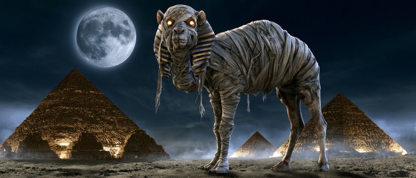 Halloween Mummy Camel Standing Near Pyramids Under Full Moon