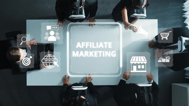 A diverse group of business professionals collaborate on affiliate marketing strategies using virtual reality tools in a modern office setting, showcasing innovation. Raster