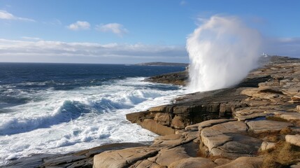 Fototapeta premium Majestic Ocean Waves Crash Against Rocky Shoreline with White Spray and Blue Sky in Coastal Landscape Scene on a Sunny Day