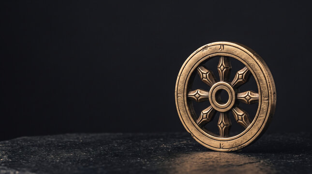 Golden Dharmachakra Wheel Symbol of Buddhist Dharma Law on Dark Stone Table for Asalha Puja Day