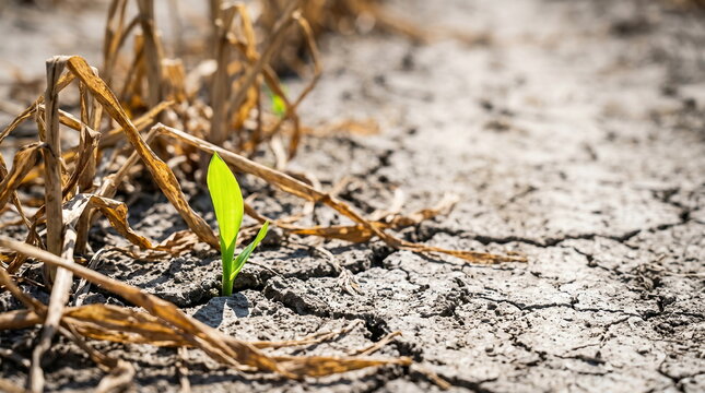 Green seedling growing and emerging from cracked dry soil near dead crops in drought-affected agricultural field, symbolizing hope and climate resilience