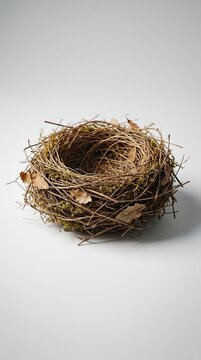 Empty natural bird nest made of twigs and green moss isolated on clean white background studio shot