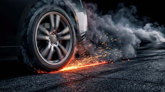Car tire spinning with sparks and thick smoke on asphalt during high-speed drift, extreme performance and motorsport racing concept.