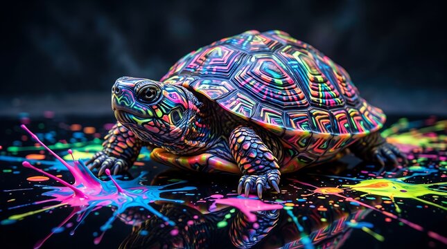 Colorful neon glowing turtle surrounded by vibrant glowing paint splashes on a dark reflective surface