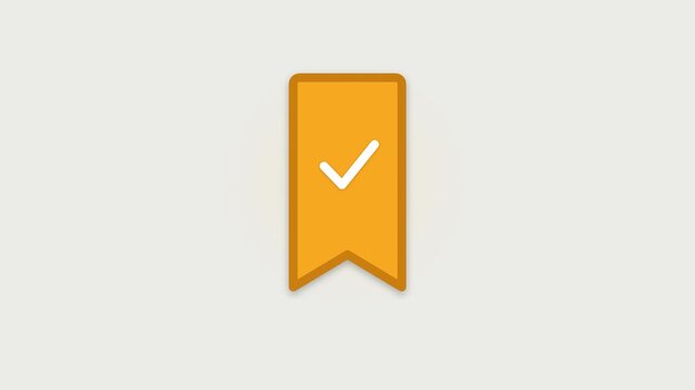 Bookmark save button UI click animation with amber light up and white checkmark on flat editorial white background 4K overlay with alpha channel