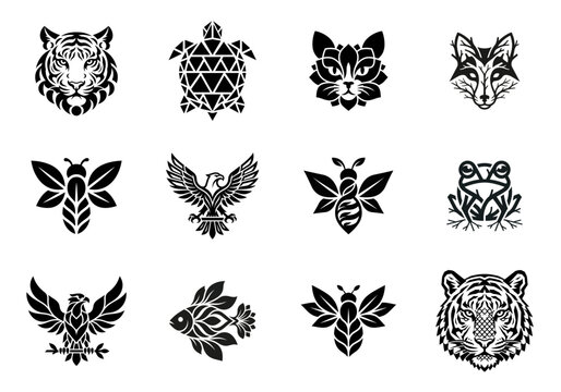 Set of stylized animal logos and icons, black and white graphic design