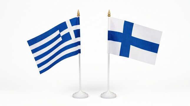 Greek and Finnish flags side by side, wooden stands, light blue background, national pride, cultural unity, diplomacy, heritage, and friendship symbolizing shared values and cooperation.