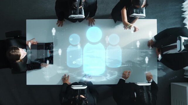 A group of business professionals in suits collaborates using virtual reality technology in a modern office environment, showcasing innovative digital interaction. Raster