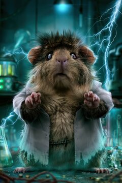 Frankenstein Guinea Pig Scientist Electrified in Laboratory