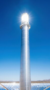 Solar power tower glowing with intense reflected sunlight in vast heliostat mirror field under clear sky, clean renewable energy concept.