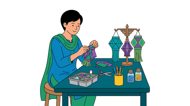 Indian woman sitting at a desk crafting traditional colorful paper lanterns with scissors and glue, illustrating Diwali festival preparation and Expressing creative handicraft skills