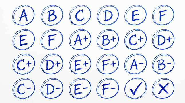 Set of hand drawn school grade results from A to F with plus and minus symbols in blue circles on white background, Represents academic evaluation systems and illustrating student achievement