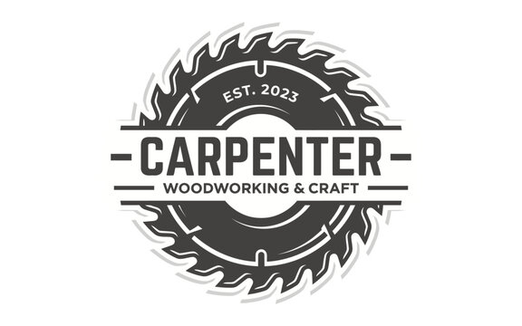 Carpenter woodworking and craft logo design with a circular saw blade Vector, illustration