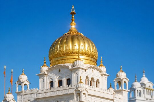 Golden dome of a temple gleaming under bright sunlight.