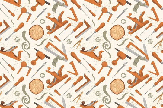 Seamless pattern with woodworking tools including hand planes, chisels, wooden logs, and shavings on a light beige background texture