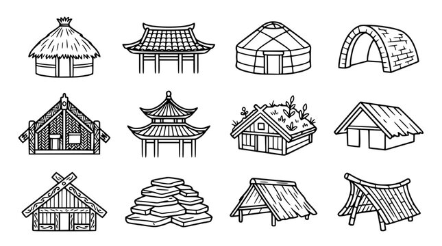 Diverse Traditional Housing Styles Collection: Thatched Hut, Asian Pagoda, Yurt, Igloo, Maori Marae, Tribal Dwelling
