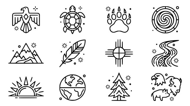 Native American Inspired Icons: Eagle, Turtle, Bear Paw, Sun, Feather, Earth, Mountains, River, Tree, Buffalo