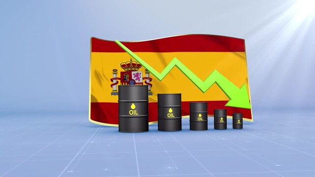 Spain Oil Price Falling with Oil Barrels Downward Green Arrow and 3D Financial Data Visualization Graphs for Economy and Business Concept