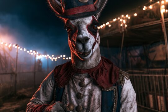 Macabre Llama Showman Beneath Abandoned Carnival Lights