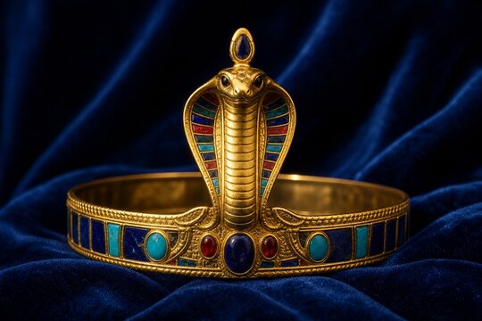 Golden uraeus crown with cobra motif on blue velvet, luxurious and regal.