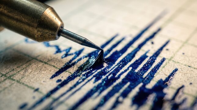 Seismograph Reading: A close-up captures the needle of a seismograph tracing a complex pattern of seismic waves onto paper, symbolizing the study of earthquakes and geological activity.