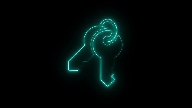 Glowing neon digital key icon symbolizing cyber security data protection and secure access control in a modern technology environment with futuristic cyan light and 4k Animation.