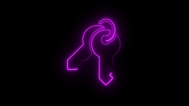 Glowing neon digital key icon symbolizing cyber security data protection and secure access control in a modern technology environment with futuristic pink light and 4k Animation.
